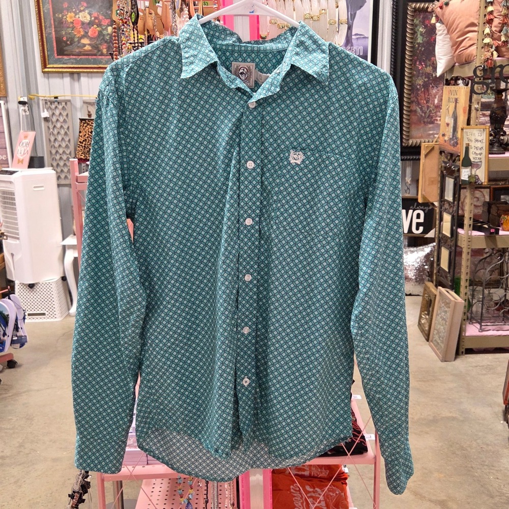 Cinch Boys XL 14 Long Sleeve Button Down Shirt Teal Geometric Medallion Print